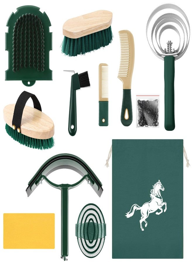 Abbylike 12 Pieces Horse Grooming Kit Racing Festival Tack Room Supplies Horse Brush Sets Equine Care Cleaning Kit Shedding Grooming Massaging Tools (Khaki and Green) - Image 1